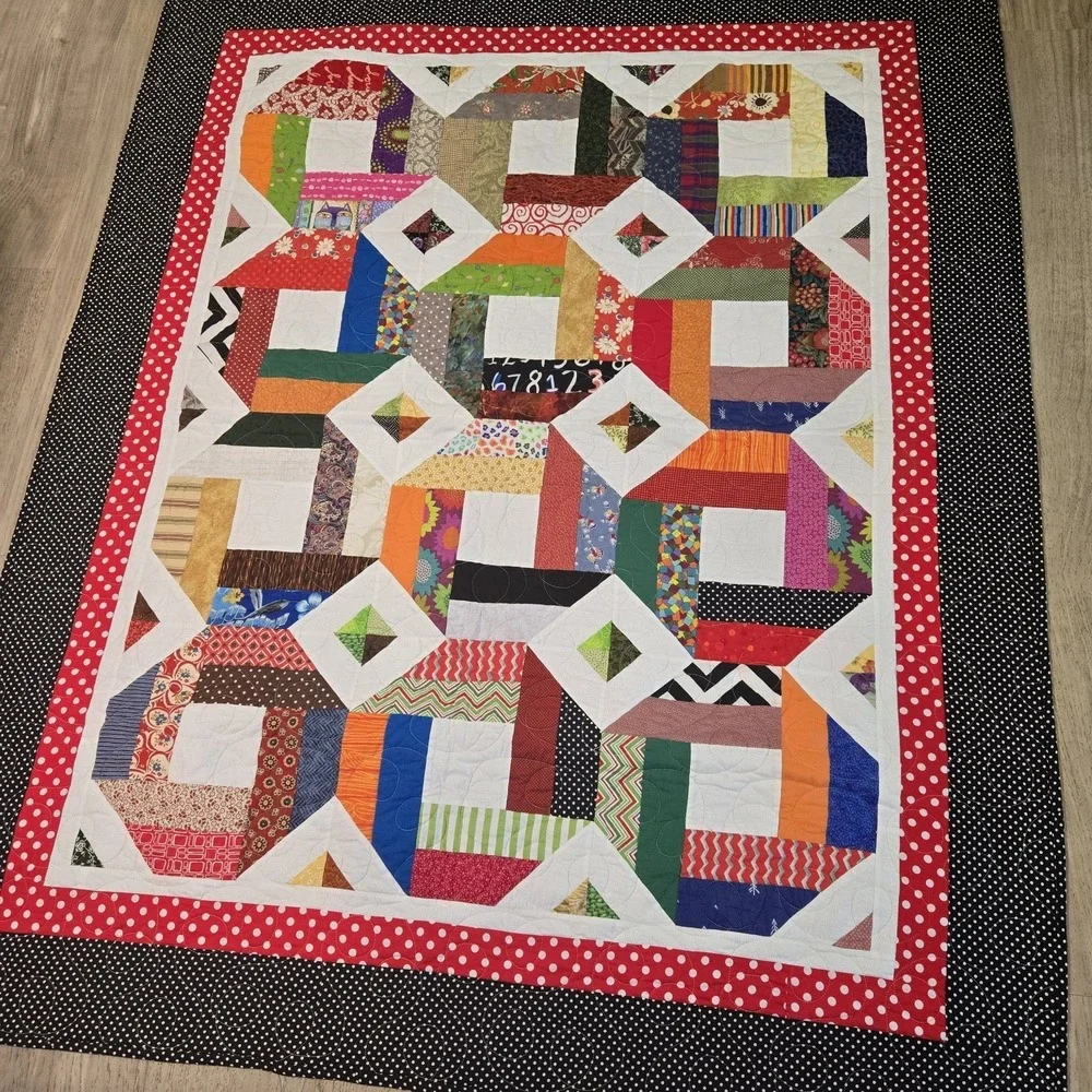 VTG Hand-quilted Scrap Quilt Colorful GrandmaCore CottageCore Double Side Geo